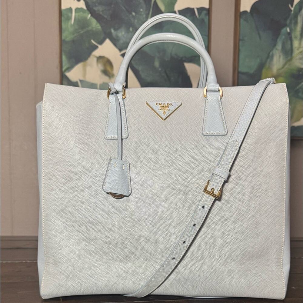 Authentic Prada Powder Blue Convertible Lux Saffiano Leather Tote Gold Hardware